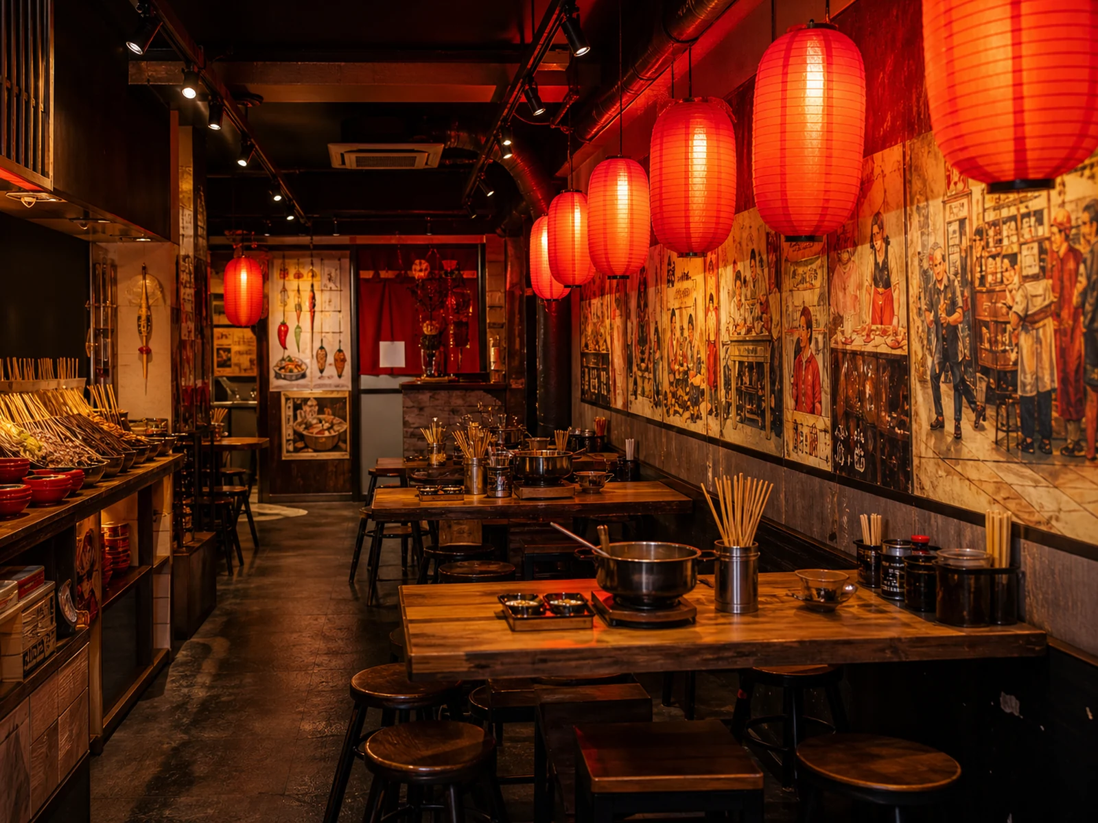 Salle rouge avec lanternes et tables à marmite